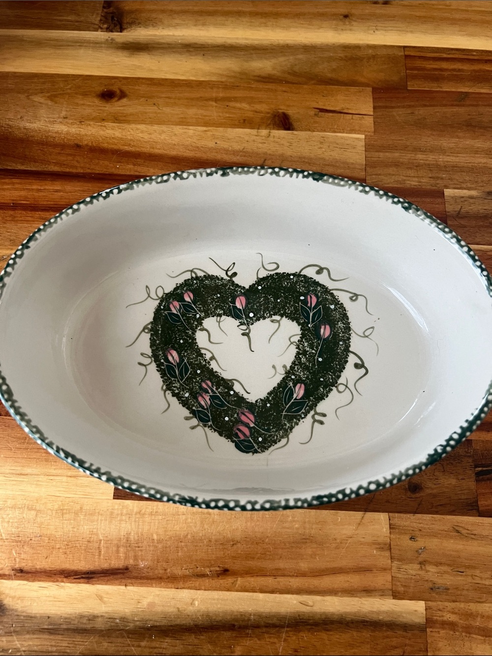Heart Wreath Ceramic Serving Bowl - White with Green and Pink